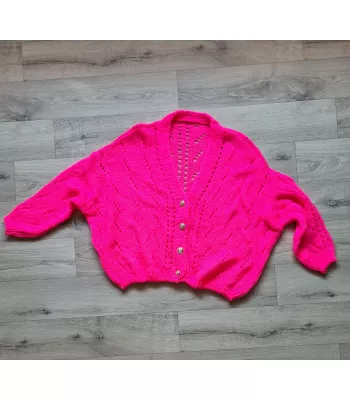 Openwork sweater with buttons and elastic band - Neon pink - Sweaters