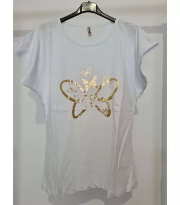 T-shirt with a beautiful, golden butterfly application - White