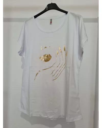 Ask for product! — T-shirt with gold face application - White