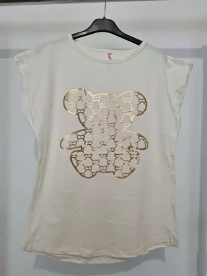 T-shirt with a beautiful, golden teddy bear application - ecru - Blouses