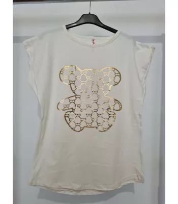 T-shirt with a beautiful, golden teddy bear application - ecru
