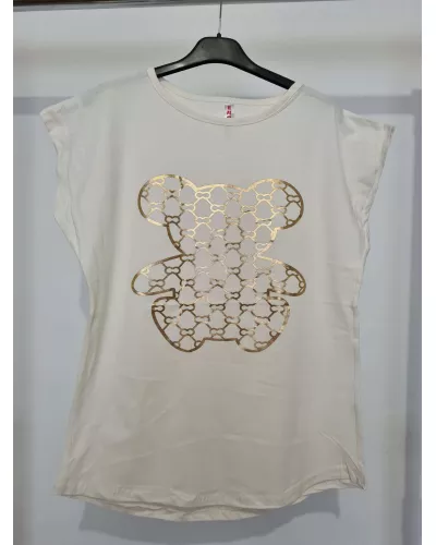 Ask for product! — T-shirt with a beautiful, golden teddy bear application - ecru