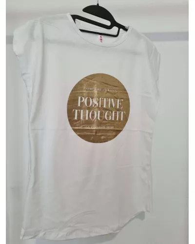 Ask for product! — T-shirt with a golden decorative inscription - White