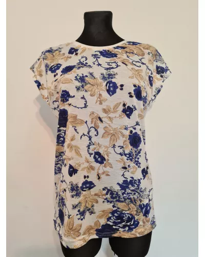 Zapytaj o produkt! — T-shirt damski z motywem kwiatowym, koszulka z rękawkiem - biało-niebieska