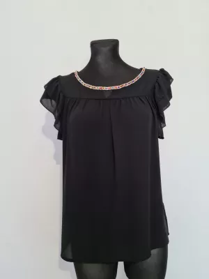 Black blouse with a frill on the sleeves and decorative sequins - Blouses