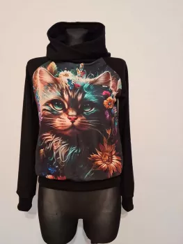 Bluza dresowa bawełniana z kapturem, grafika kota czarna - Handmade