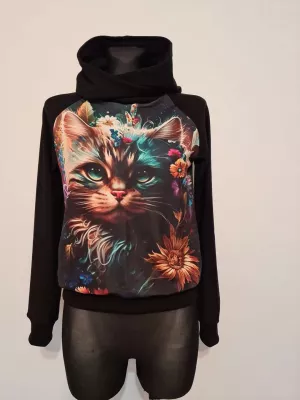 Bluza dresowa bawełniana z kapturem, grafika kota czarna - Handmade