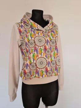 Bluza dresowa bawełniana z kapturem, grafika łapacz snów beżowa - Handmade