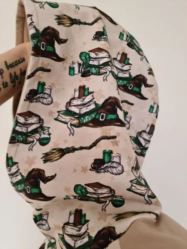 Bluza dresowa bawełniana z kapturem, grafika Potterowa beżowa