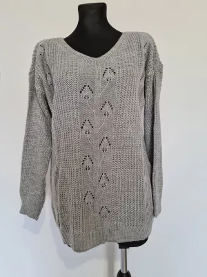 Braided sweater with openwork front, smooth back - Gray - Sweaters