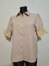 Classic shirt with a collar and openwork, short sleeves - Beige