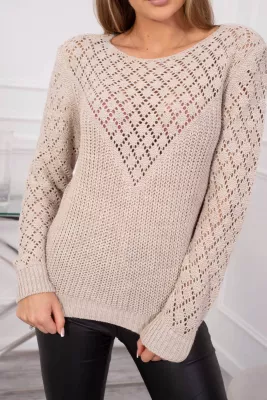 Cotton sweater with openwork decoration - Beige - Sweaters