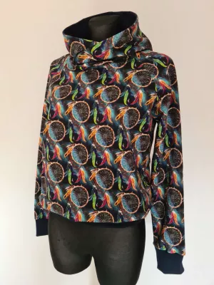 Cotton sweatshirt with a tight-fitting hood, dreamcatcher graphics, black - Handmade