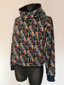 Cotton sweatshirt with a tight-fitting hood, dreamcatcher graphics, black