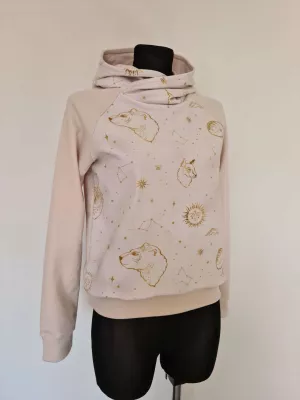 Cotton sweatshirt with hood, beige constellation graphics - Handmade