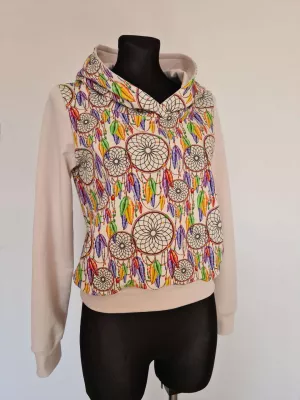 Cotton sweatshirt with hood, dream catcher graphic, beige - Handmade