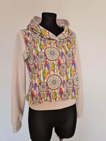 Cotton sweatshirt with hood, dream catcher graphic, beige - Handmade
