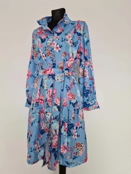 Dress with flowers fastened with buttons and tied at the waist - Blue - Dresses