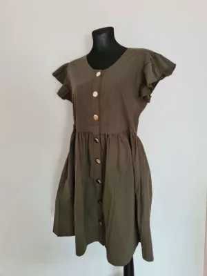Dresses with decorative buttons and a belt - khaki - Dresses