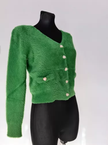 Hairy sweater with decorative buttons, heart-shaped - Green