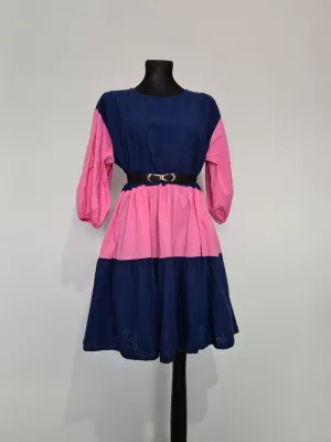 Loose dress with puff sleeves - Navy-pink - Dresses