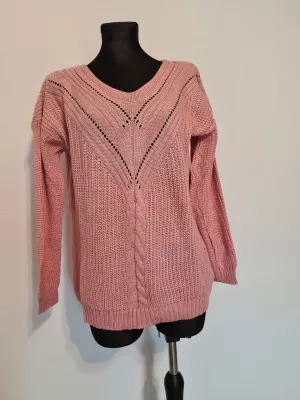 Openwork sweater with decorative weave at the front, smooth back - Pink - Sweaters