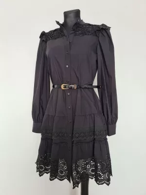 Shirt dress with lace - Black - Dresses