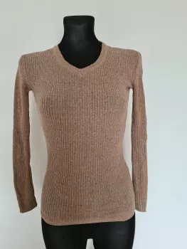 Sweater with a ribbed weave and a smooth V-neck - Beige
