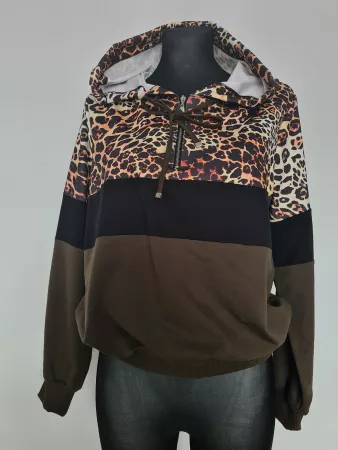 Sweatshirt with a hood, a short zipper - Leopard print, Khaki - Blouses
