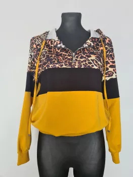 Sweatshirt with a hood, short zipper - Leopard, mustard - Blouses