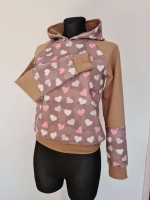 Sweatshirt, women's hooded blouse, brown hearts - Handmade