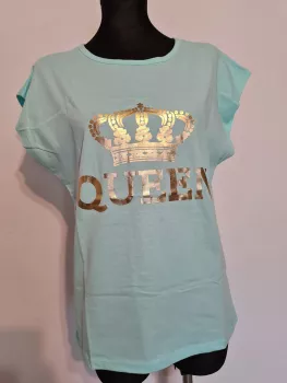 T-shirt z piękną, złotą aplikacją korony QUEEN - Miętowy - Bluzki