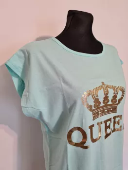 T-shirt z piękną, złotą aplikacją korony QUEEN - Miętowy - Bluzki